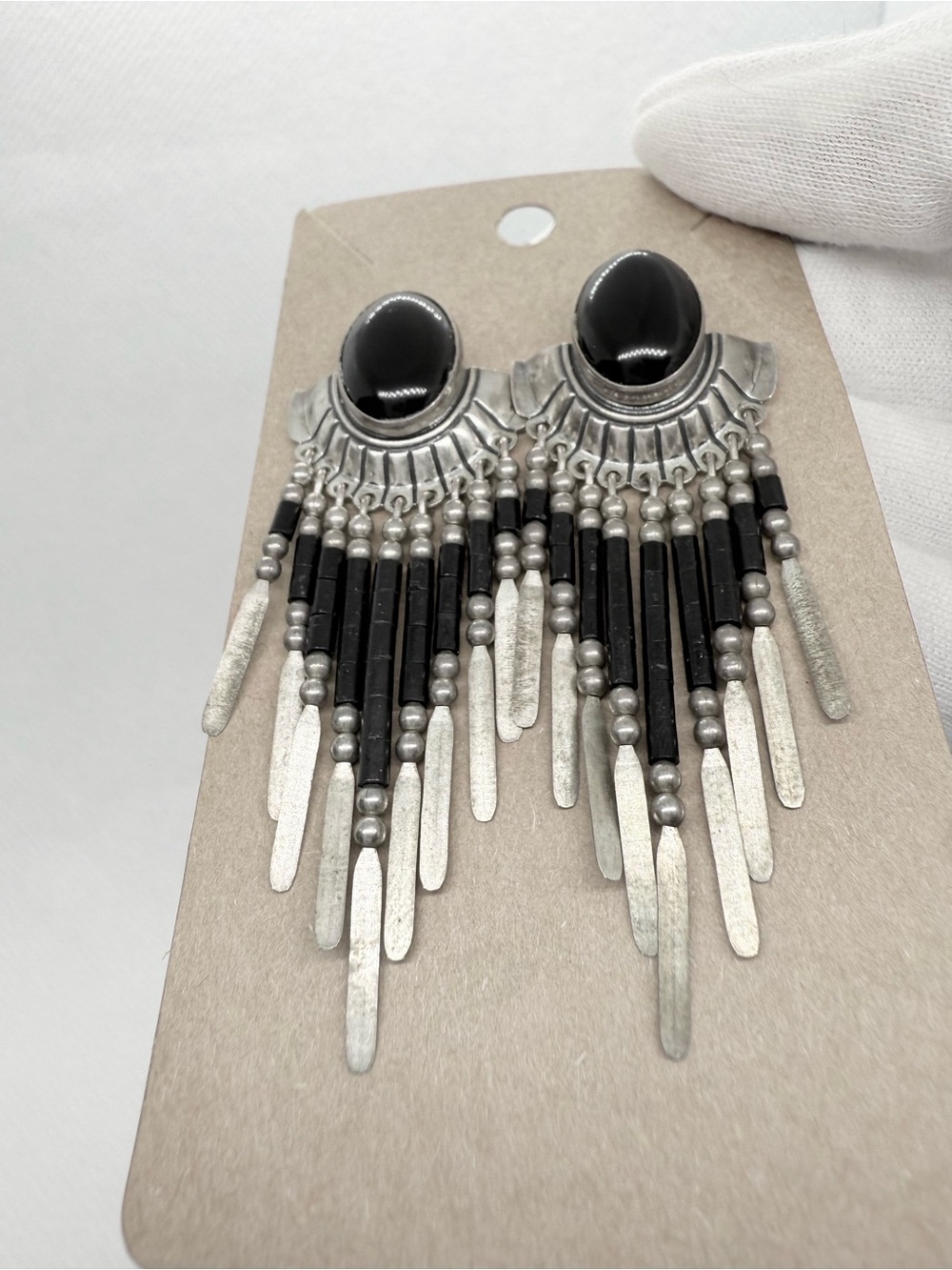 Vintage Southwestern Sterling Silver Black Onyx Fringe Dangle Statement Earrings - Picture 5 of 11
